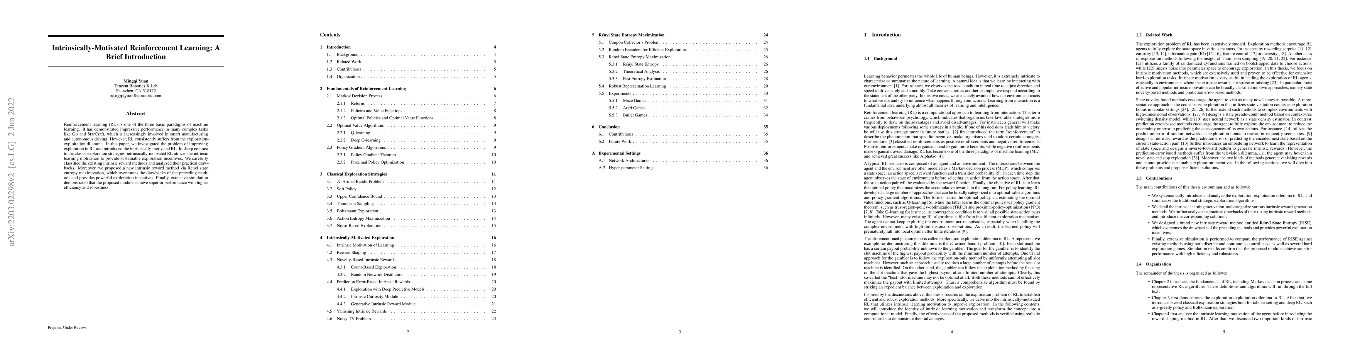Thumbnail for Intrinsically-Motivated Reinforcement Learning: A Brief Introduction