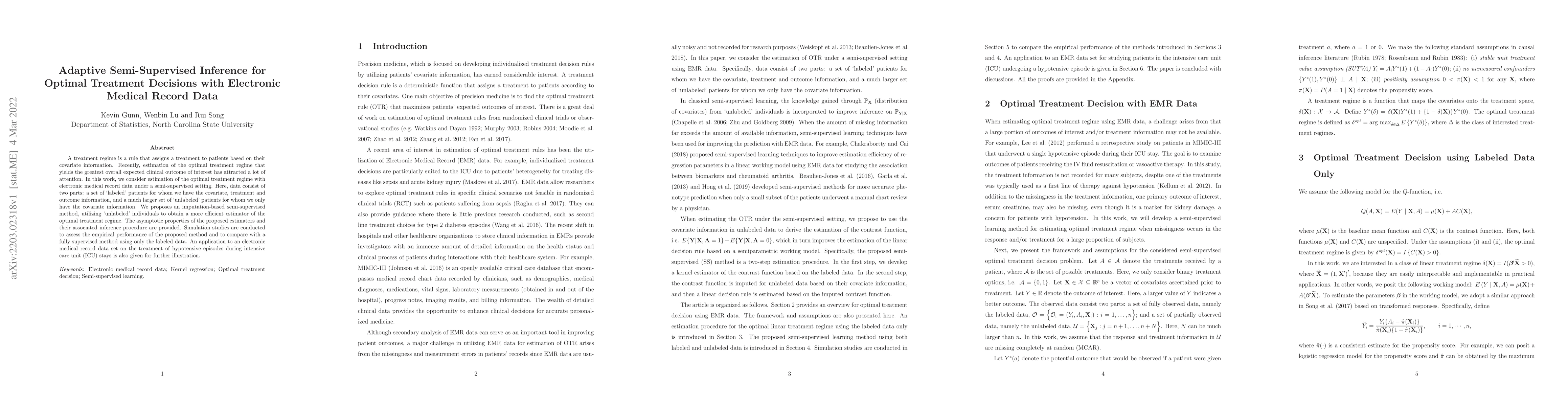 Thumbnail for Adaptive Semi-Supervised Inference for Optimal Treatment Decisions with
  Electronic Medical Record Data