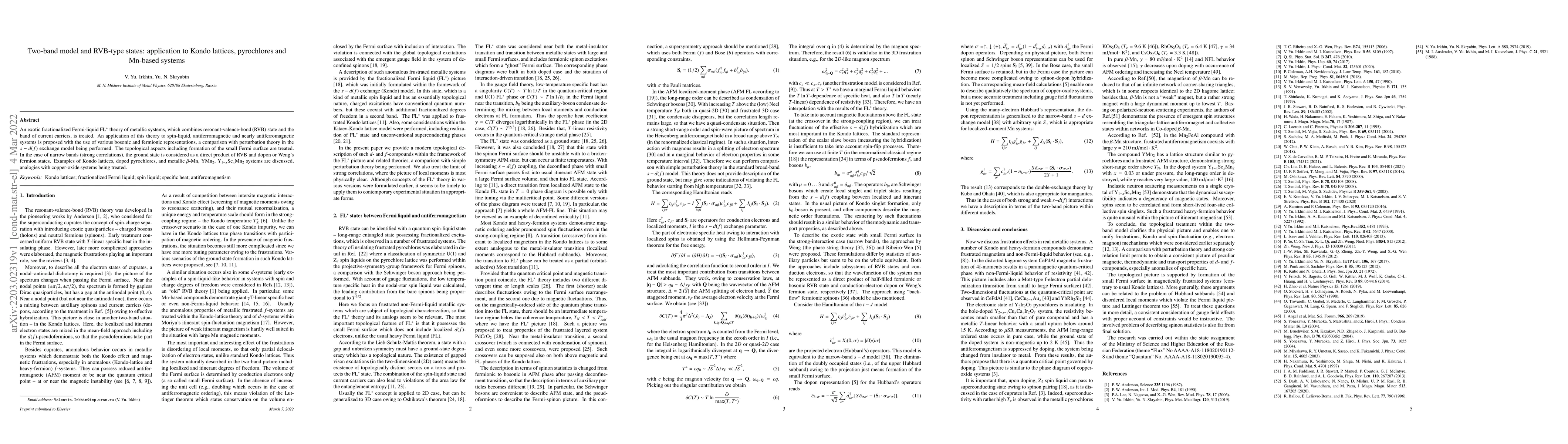 Thumbnail for Two-band model and RVB-type states: application to Kondo lattices,
  pyrochlores and Mn-based systems