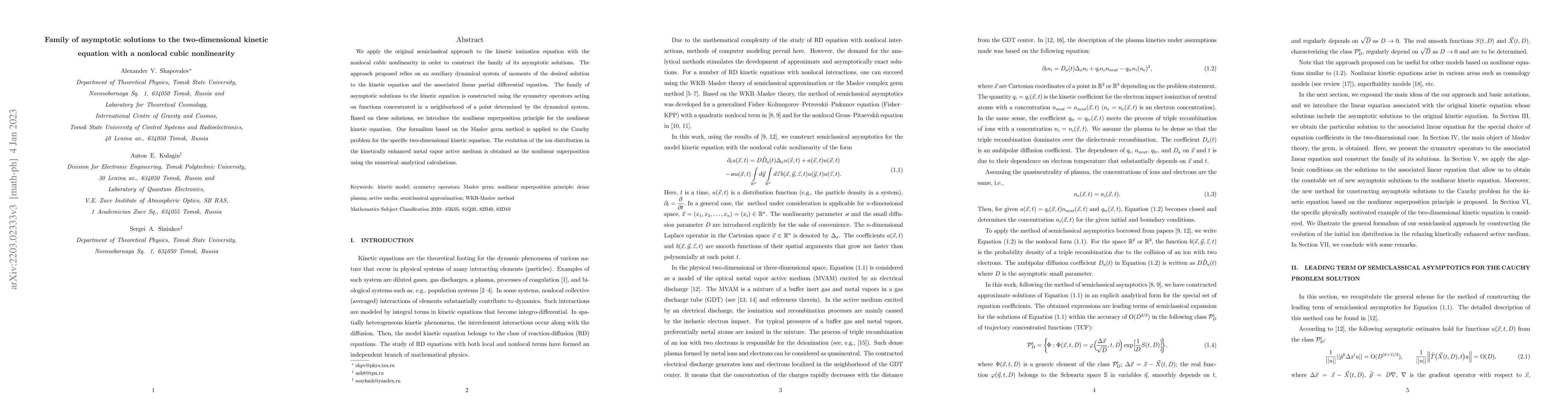 Thumbnail for Family of asymptotic solutions to the two-dimensional kinetic equation
  with a nonlocal cubic nonlinearity