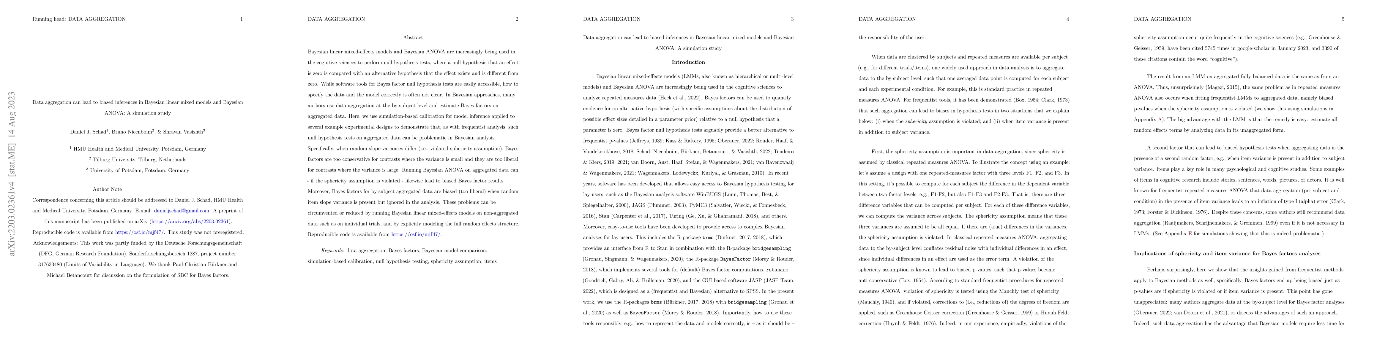 Thumbnail for Data aggregation can lead to biased inferences in Bayesian linear mixed
  models and Bayesian ANOVA: A simulation study