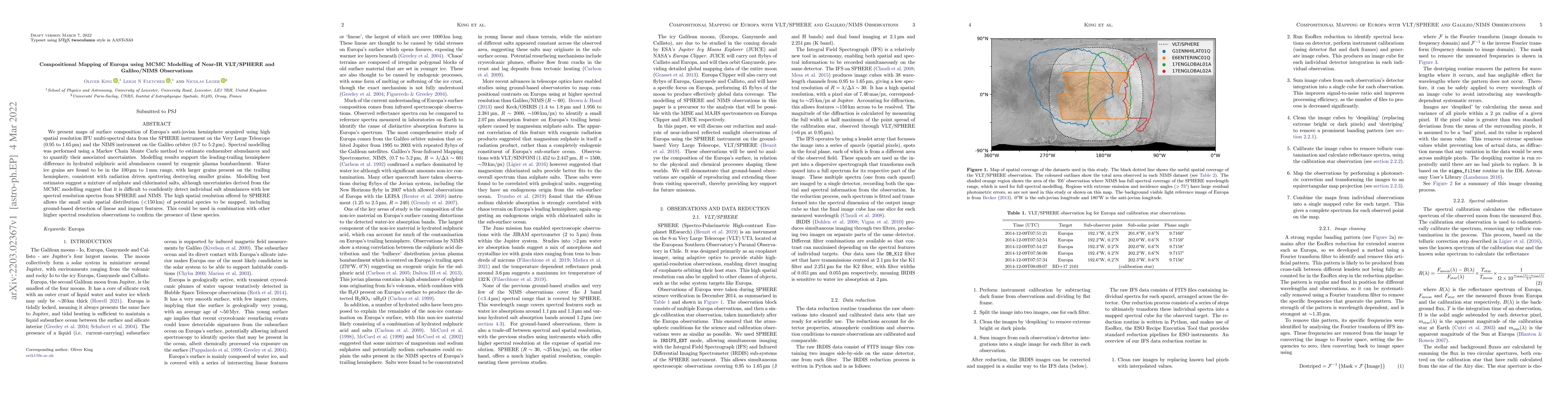 Thumbnail for Compositional Mapping of Europa using MCMC Modelling of Near-IR
  VLT/SPHERE and Galileo/NIMS Observations