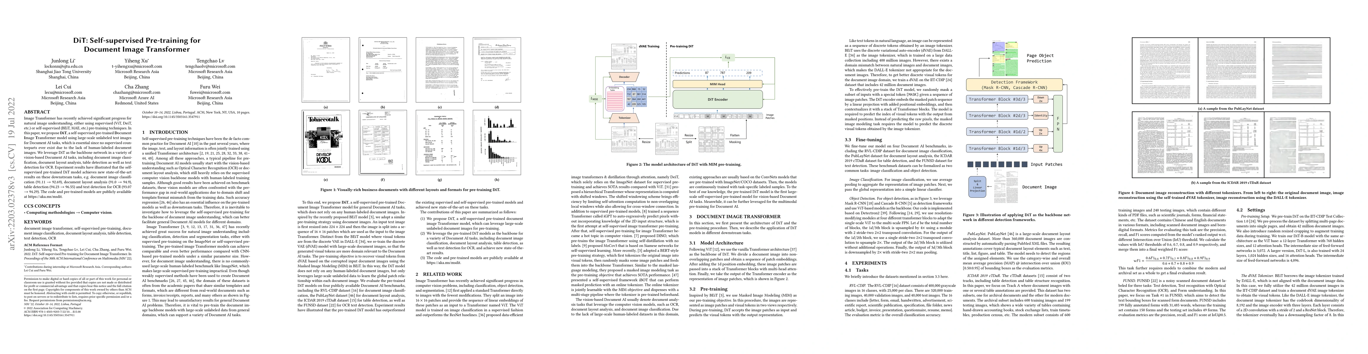 Thumbnail for DiT: Self-supervised Pre-training for Document Image Transformer