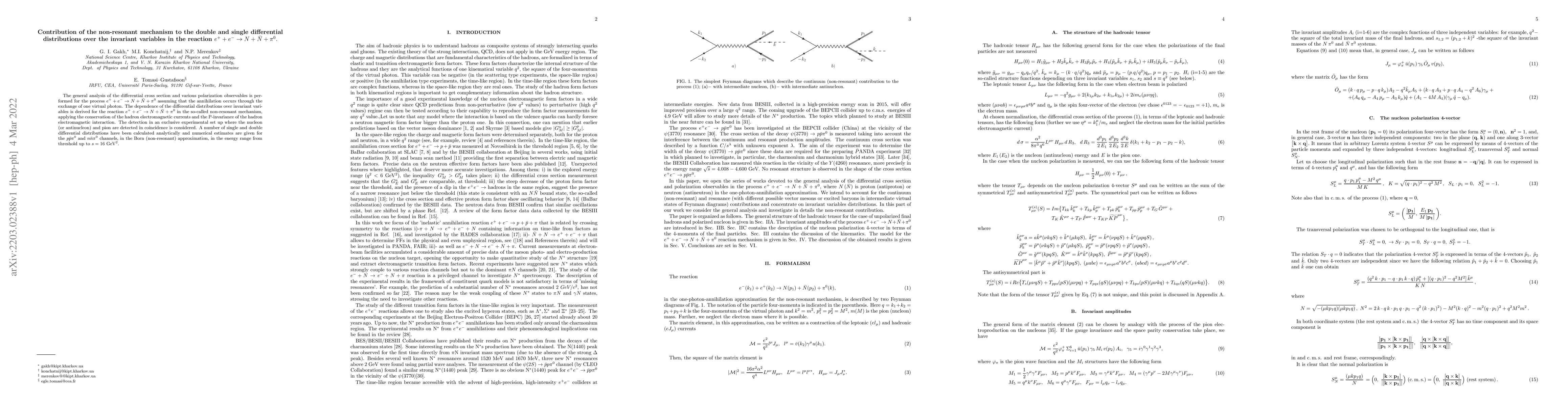 Thumbnail for Contribution of the non-resonant mechanism to the double and single
  differential distributions over the invariant variables in the reaction $e^+
  + e^- \to N + \bar N +\pi^0$