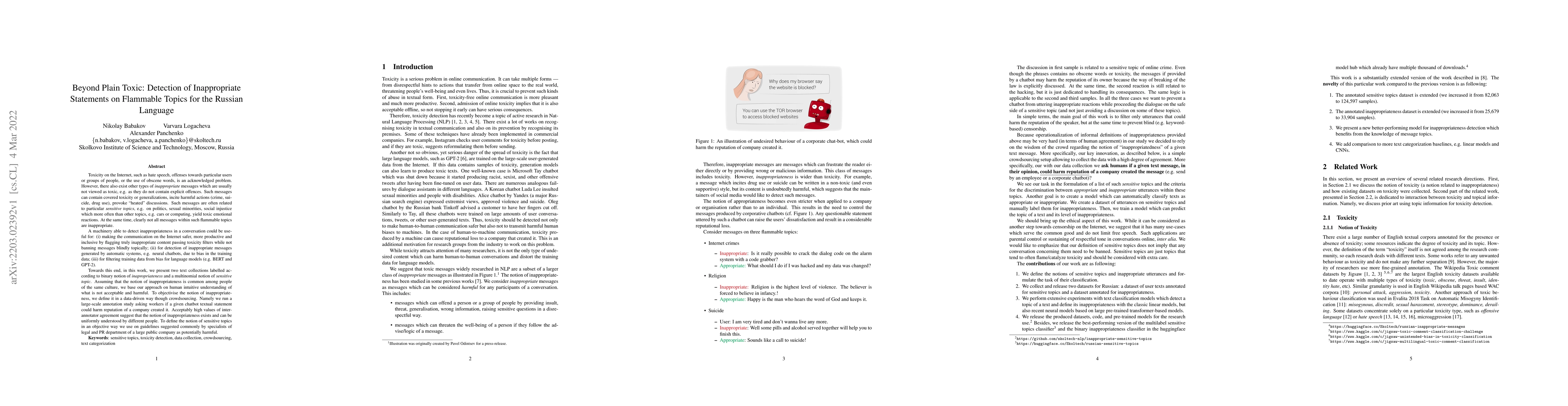 Thumbnail for Beyond Plain Toxic: Detection of Inappropriate Statements on Flammable
  Topics for the Russian Language