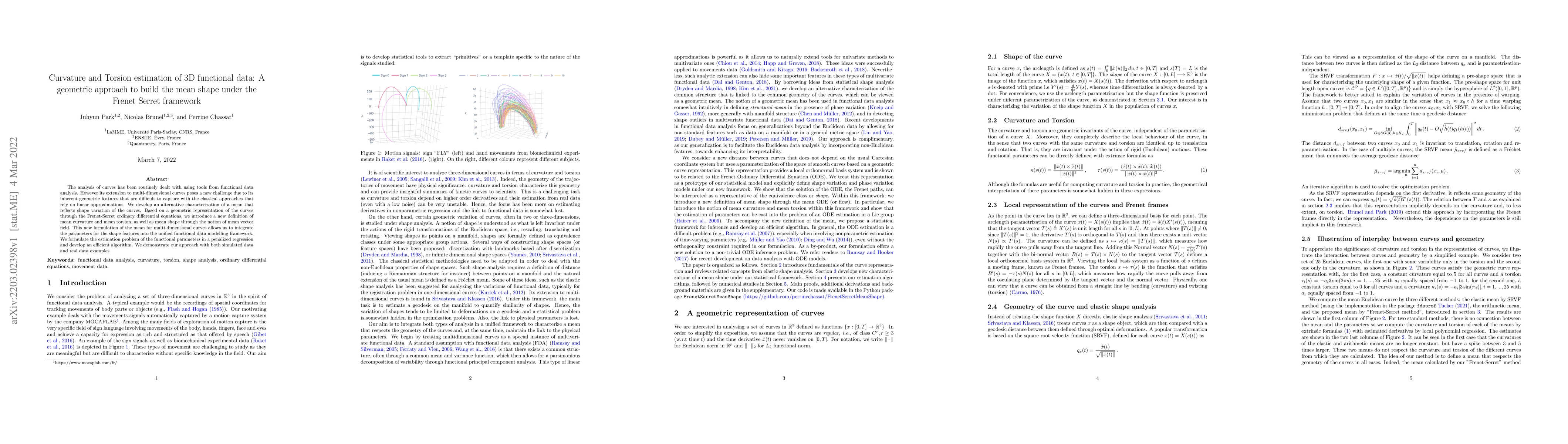 Thumbnail for Curvature and Torsion estimation of 3D functional data: A geometric
  approach to build the mean shape under the Frenet Serret framework