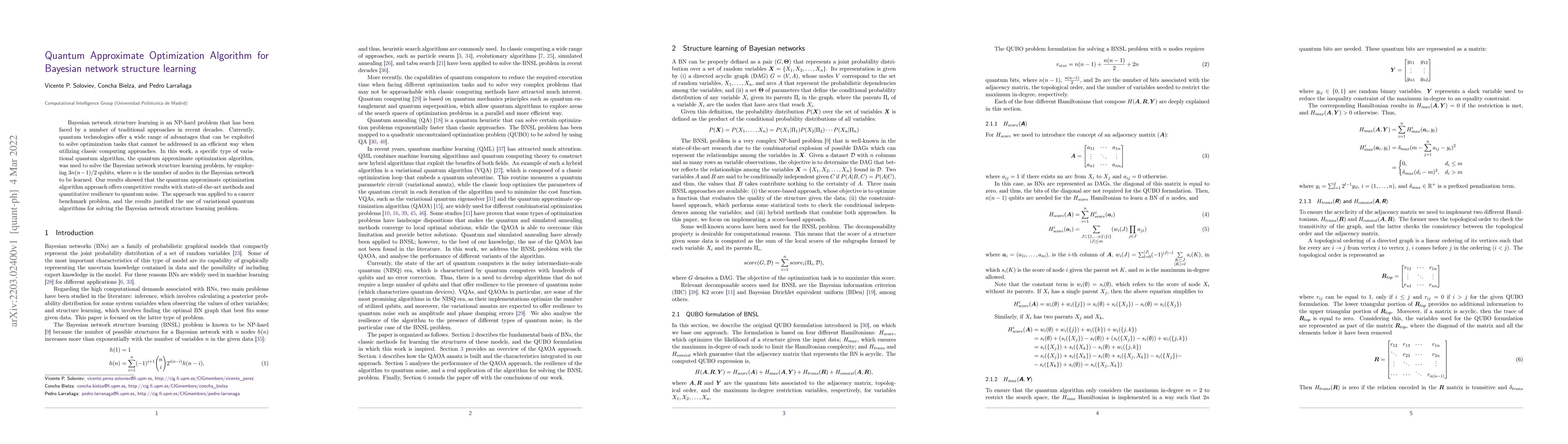 Thumbnail for Quantum Approximate Optimization Algorithm for Bayesian network
  structure learning