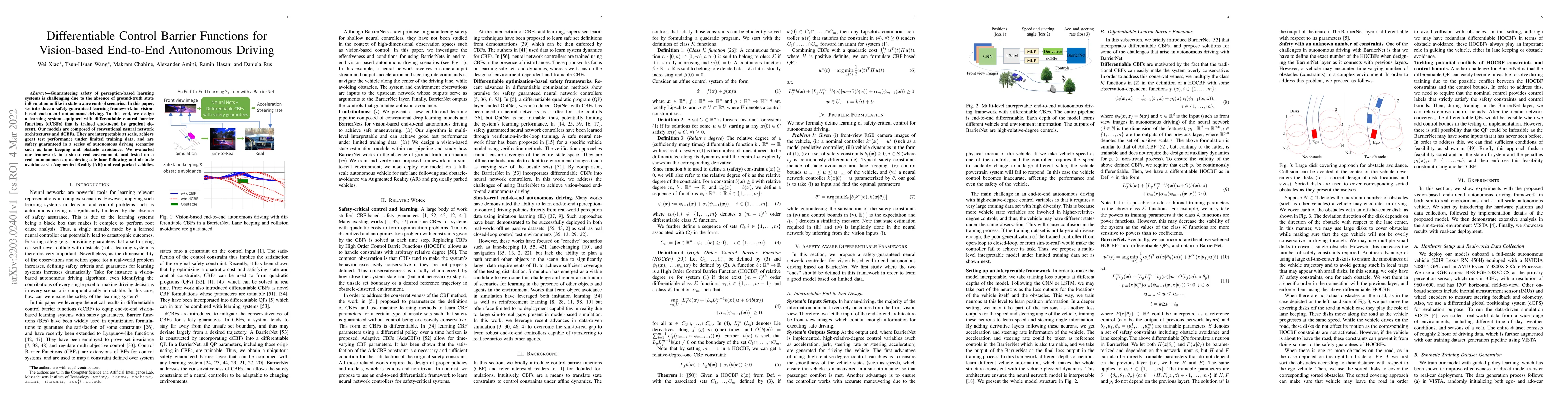 Thumbnail for Differentiable Control Barrier Functions for Vision-based End-to-End
  Autonomous Driving