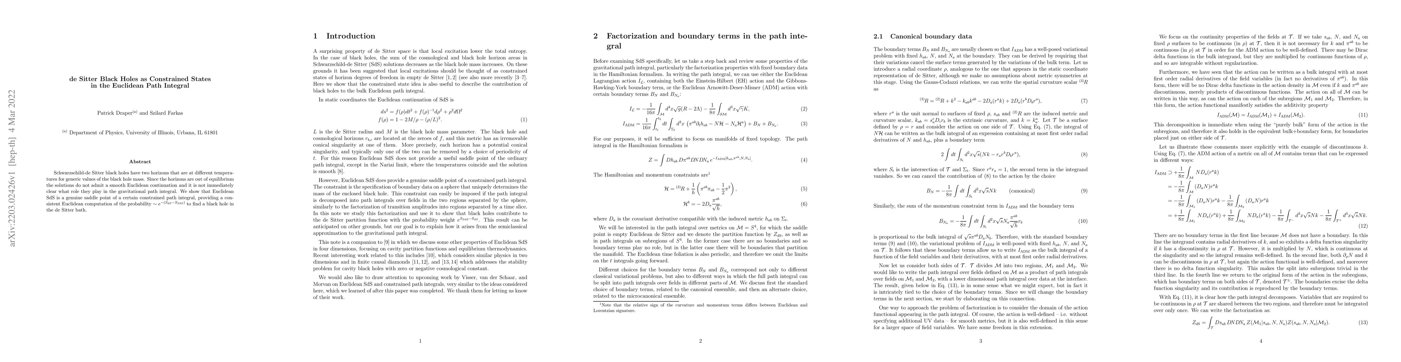 Thumbnail for de Sitter Black Holes as Constrained States in the Euclidean Path
  Integral