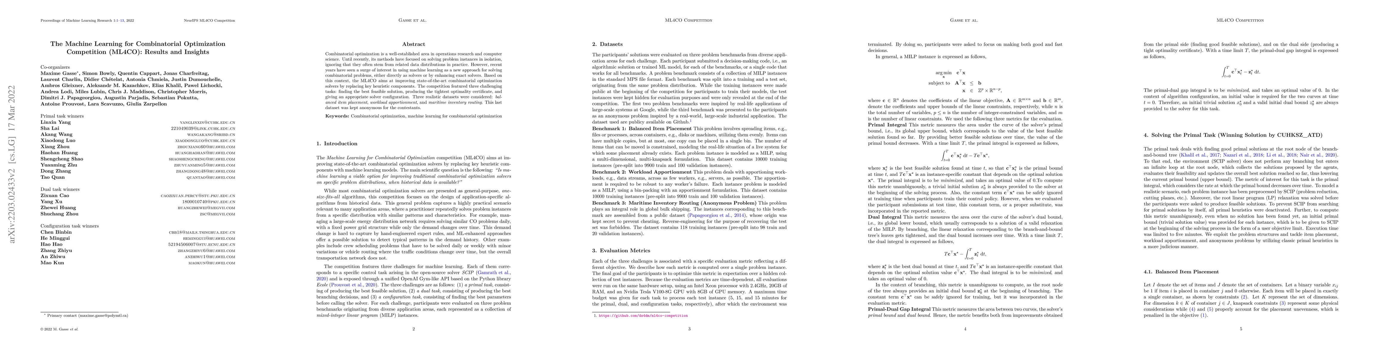 Thumbnail for The Machine Learning for Combinatorial Optimization Competition (ML4CO):
  Results and Insights