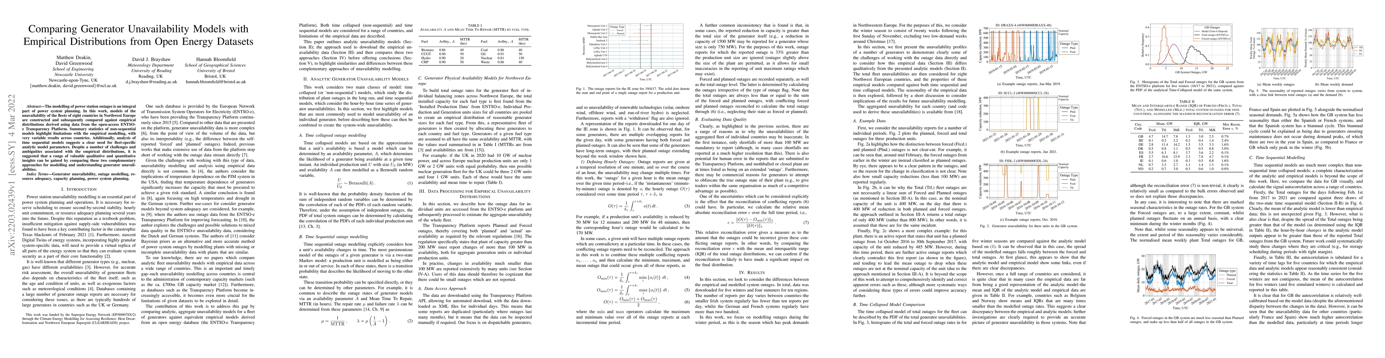 Thumbnail for Comparing Generator Unavailability Models with Empirical Distributions
  from Open Energy Datasets