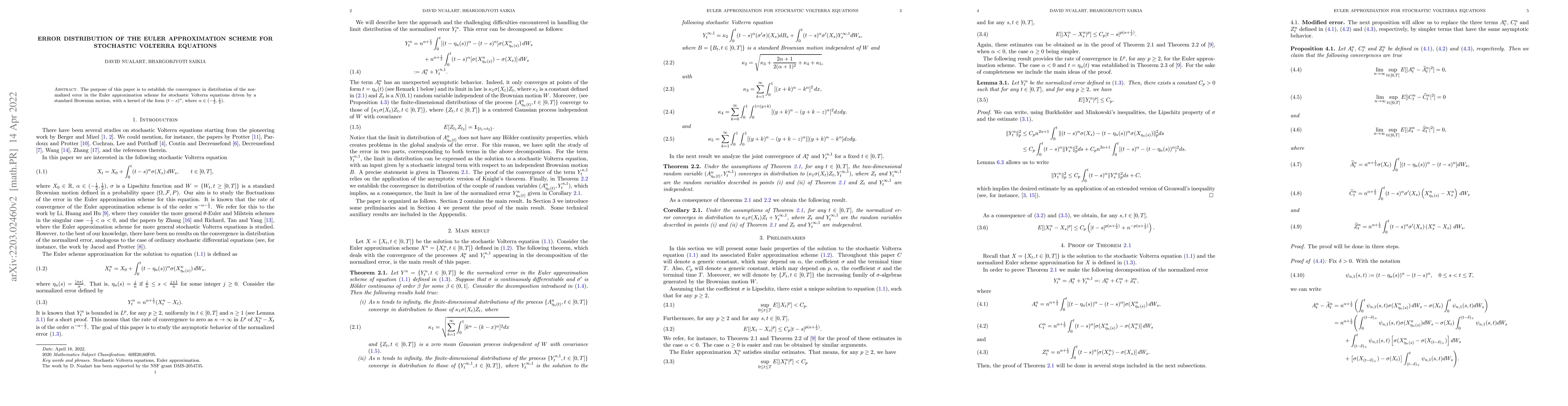 Thumbnail for Error Distribution Of The Euler Approximation Scheme For Stochastic
  Volterra Integral Equations