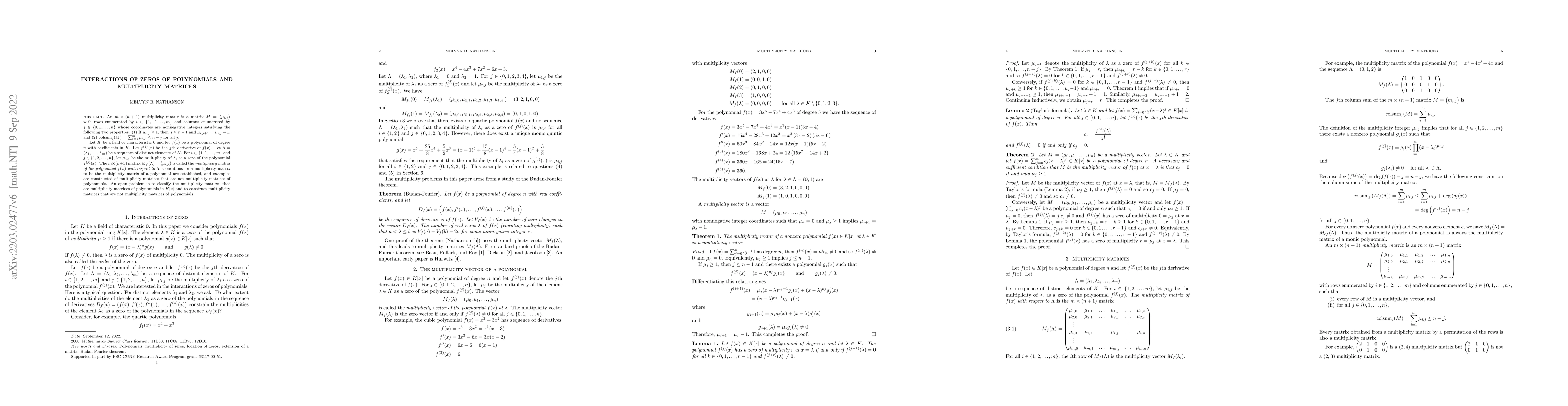Thumbnail for Interactions of zeros of of polynomials and multiplicity matrices