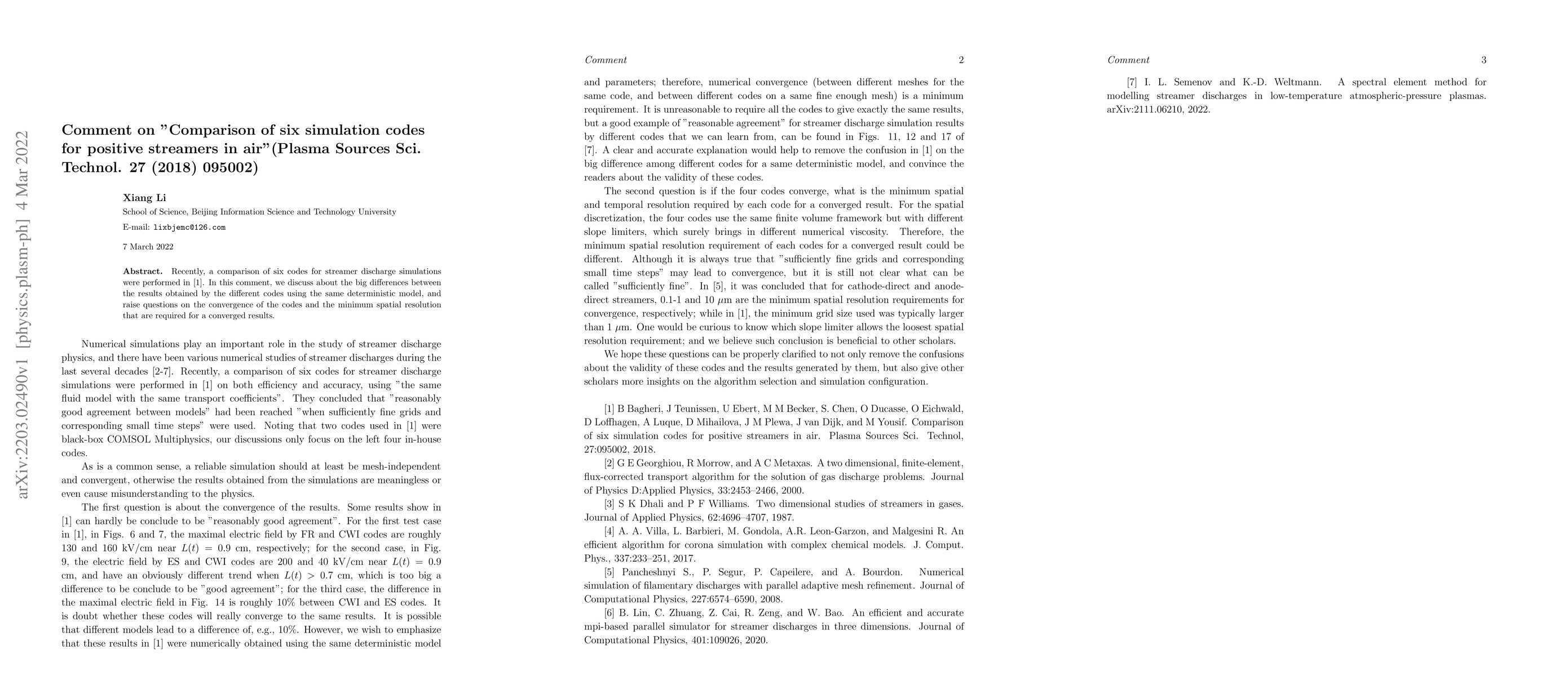 Thumbnail for Comment on "Comparison of six simulation codes for positive streamers in
  air"(Plasma Sources Sci. Technol. 27 (2018) 095002)