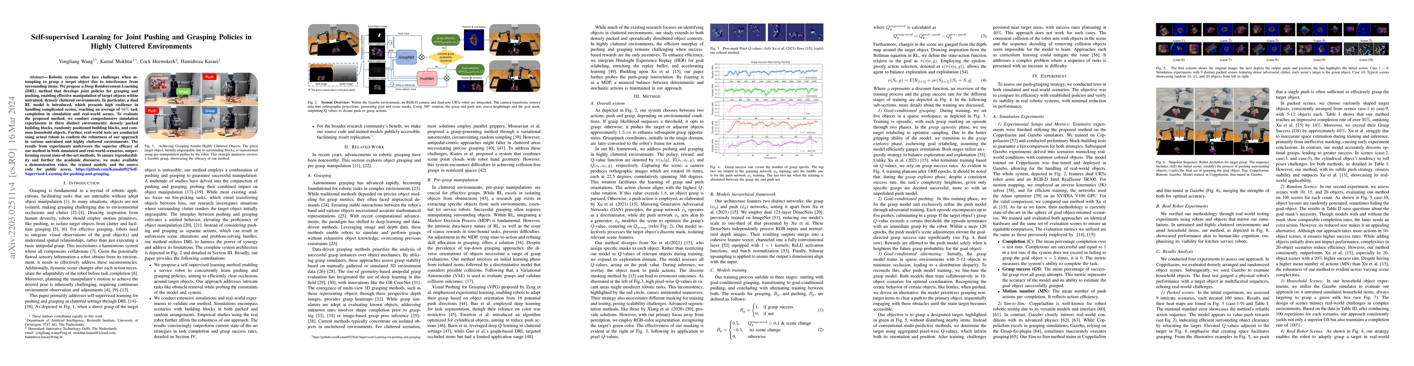 Thumbnail for Self-Supervised Learning for Joint Pushing and Grasping Policies in
  Highly Cluttered Environments