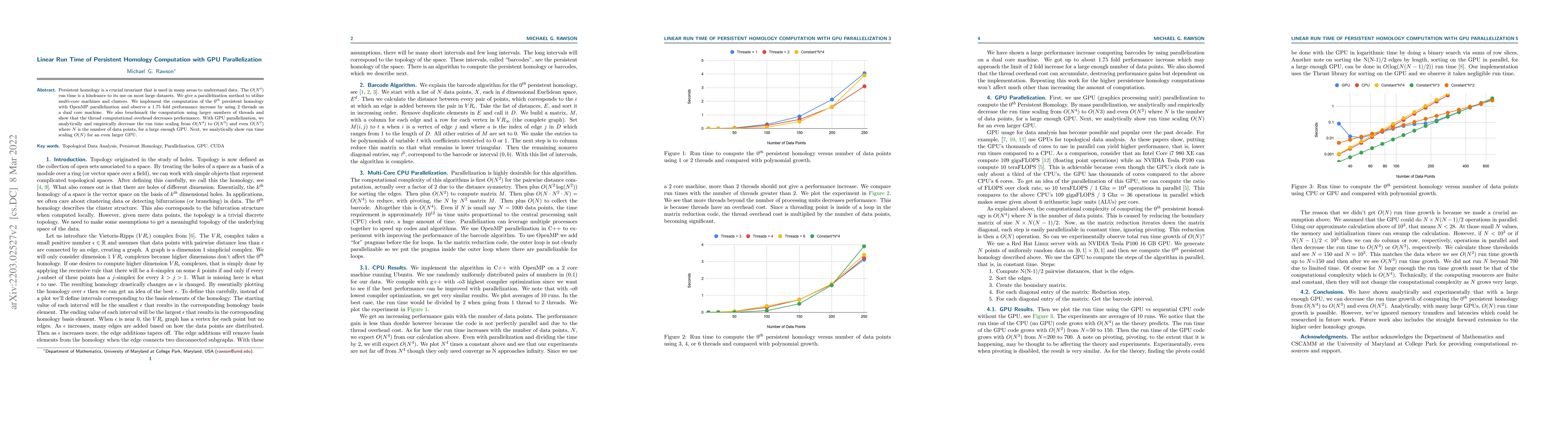 Thumbnail for Linear Run Time of Persistent Homology Computation with GPU
  Parallelization