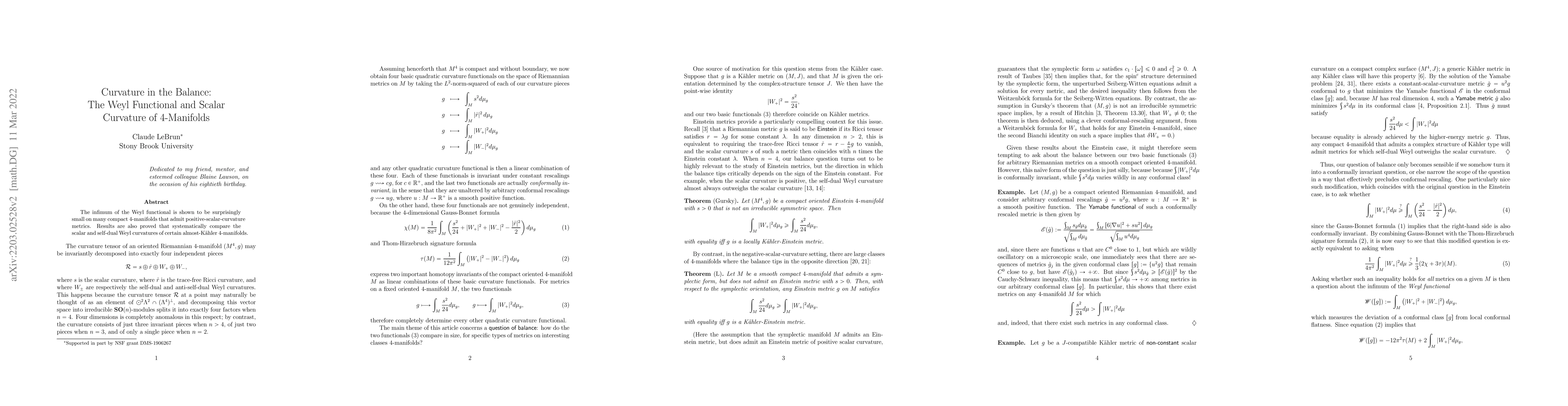 Thumbnail for Curvature in the Balance: The Weyl Functional and Scalar Curvature of
  4-Manifolds