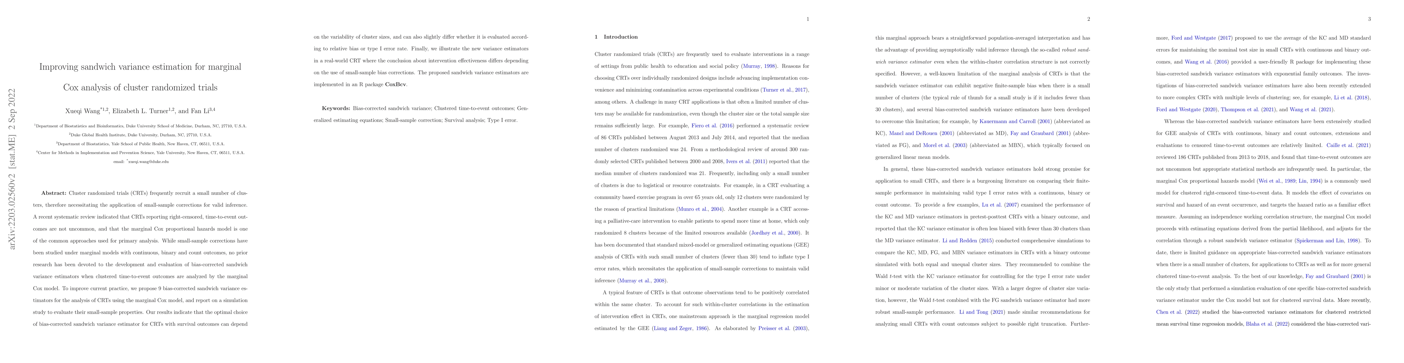 Thumbnail for Improving sandwich variance estimation for marginal Cox analysis of
  cluster randomized trials