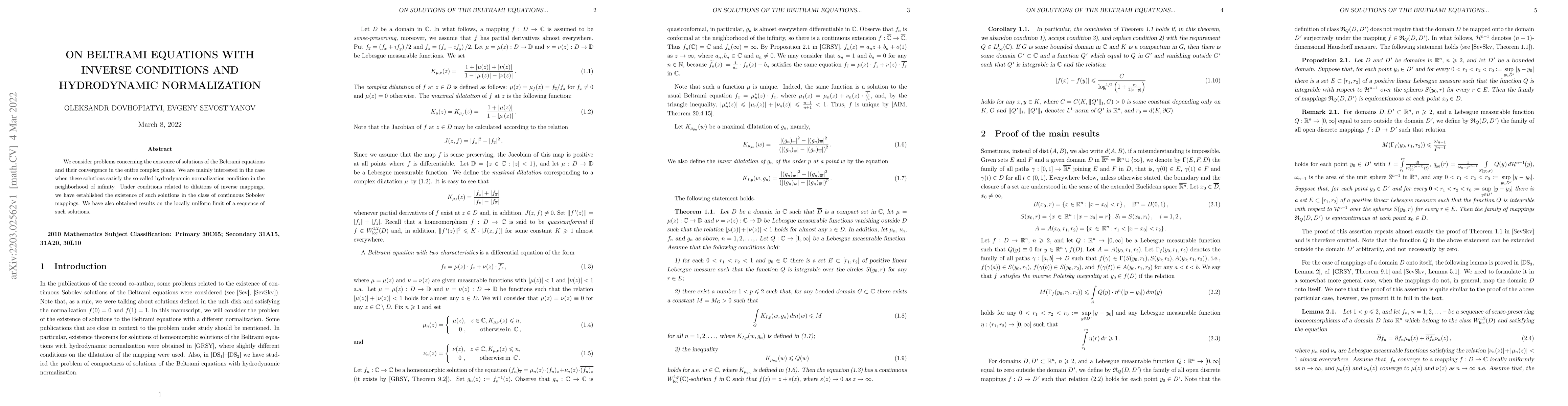 Thumbnail for On Beltrami equations with the inverse conditions and hydrodynamic
  normalization