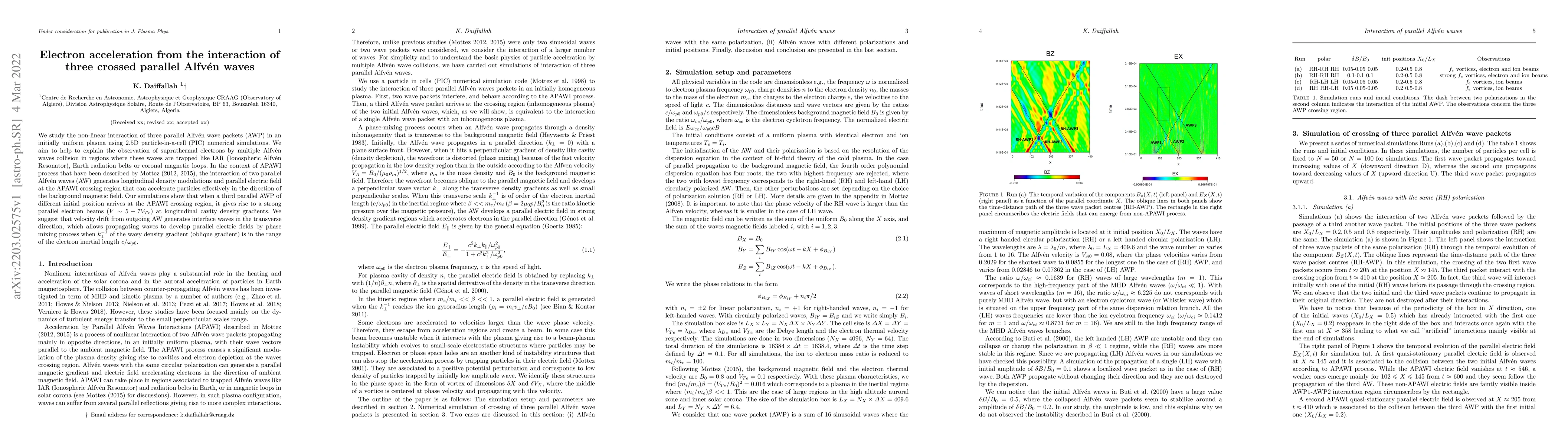 Thumbnail for Electron acceleration from the interaction of three crossed parallel
  Alfv\'en waves