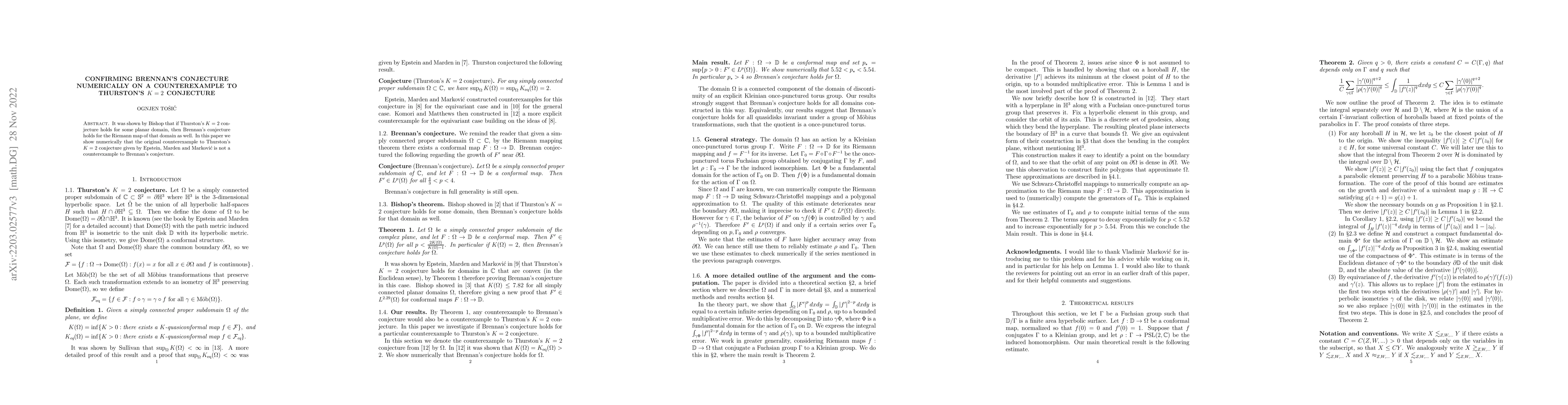 Thumbnail for Confirming Brennan's conjecture numerically on a counterexample to
  Thurston's $K=2$ conjecture