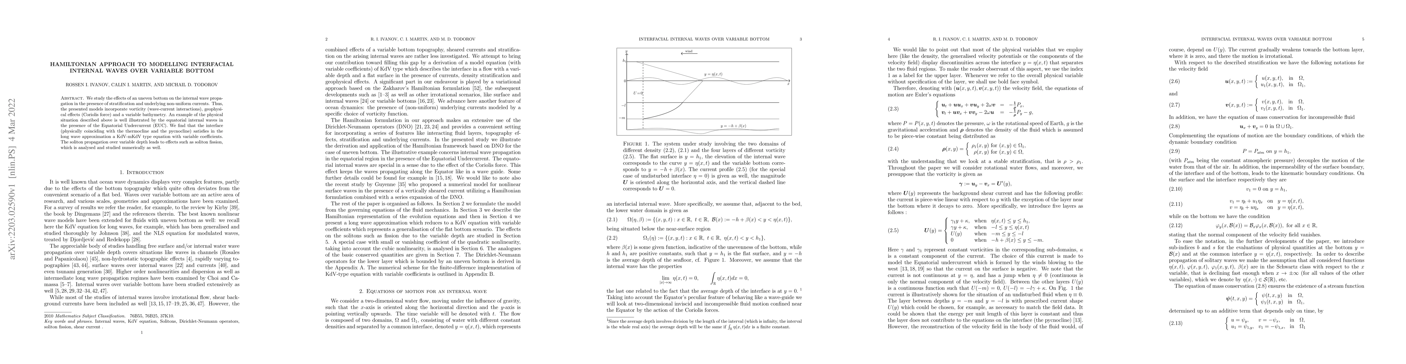 Thumbnail for Hamiltonian approach to modelling interfacial internal waves over
  variable bottom