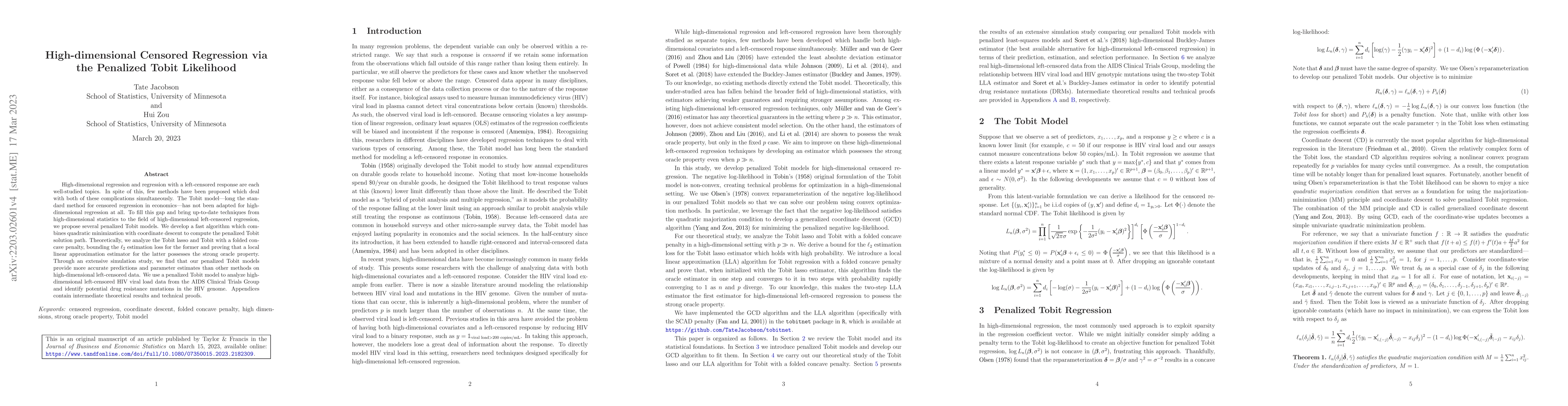Thumbnail for High-dimensional Censored Regression via the Penalized Tobit Likelihood
