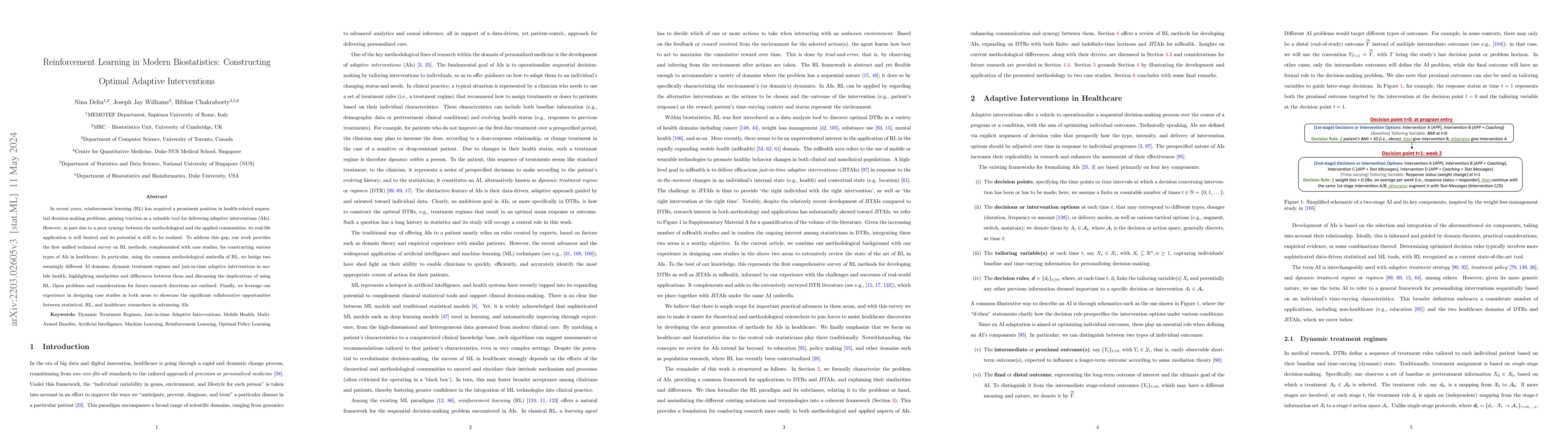 Thumbnail for Reinforcement Learning in Modern Biostatistics: Constructing Optimal
  Adaptive Interventions