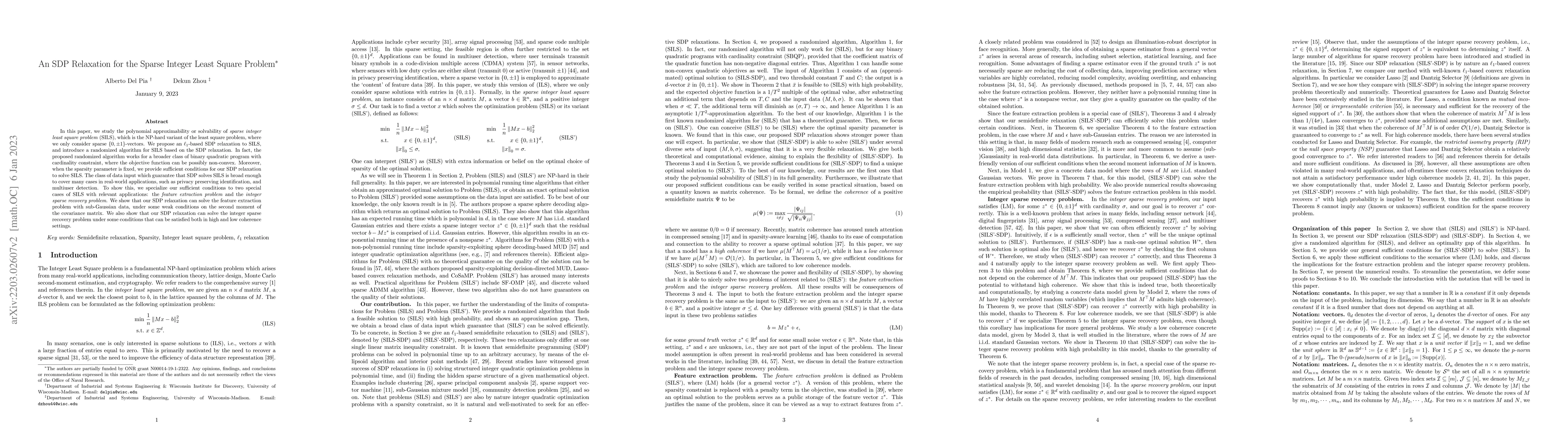 Thumbnail for An SDP Relaxation for the Sparse Integer Least Square Problem