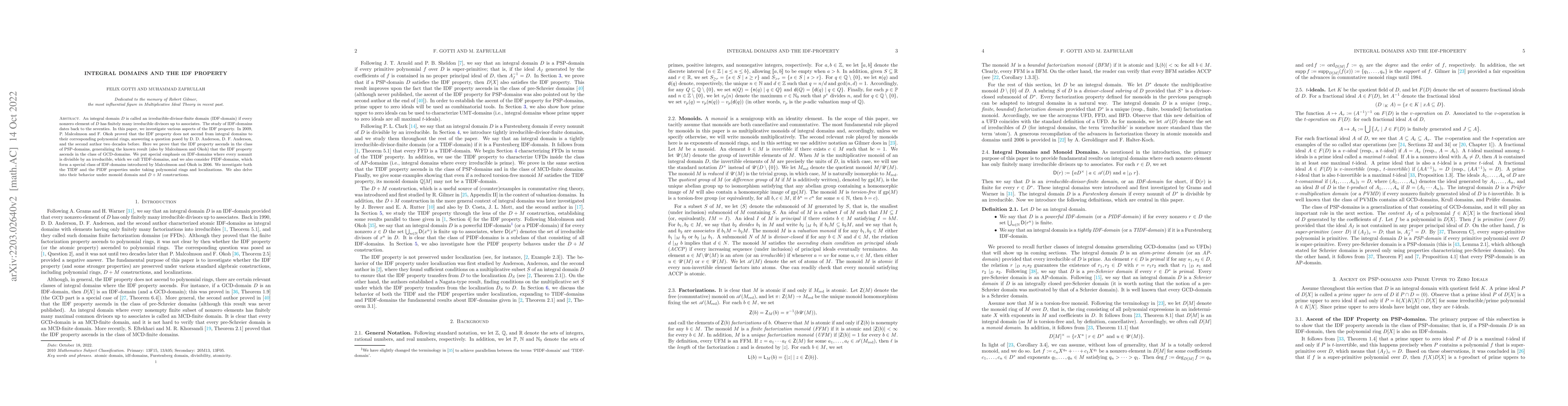 Thumbnail for Integral domains and the IDF property