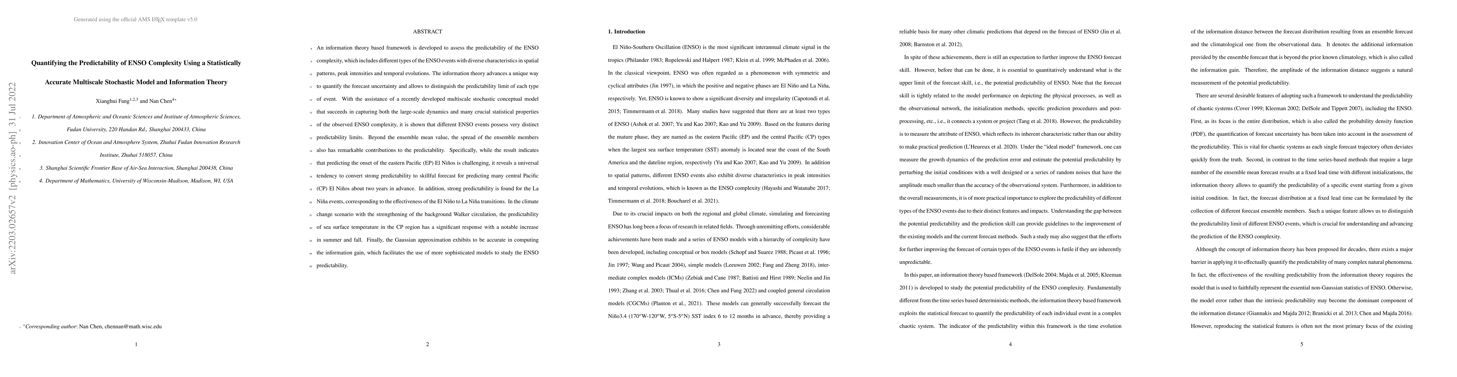 Thumbnail for Quantifying the Predictability of ENSO Complexity Using a Statistically
  Accurate Multiscale Stochastic Model and Information Theory