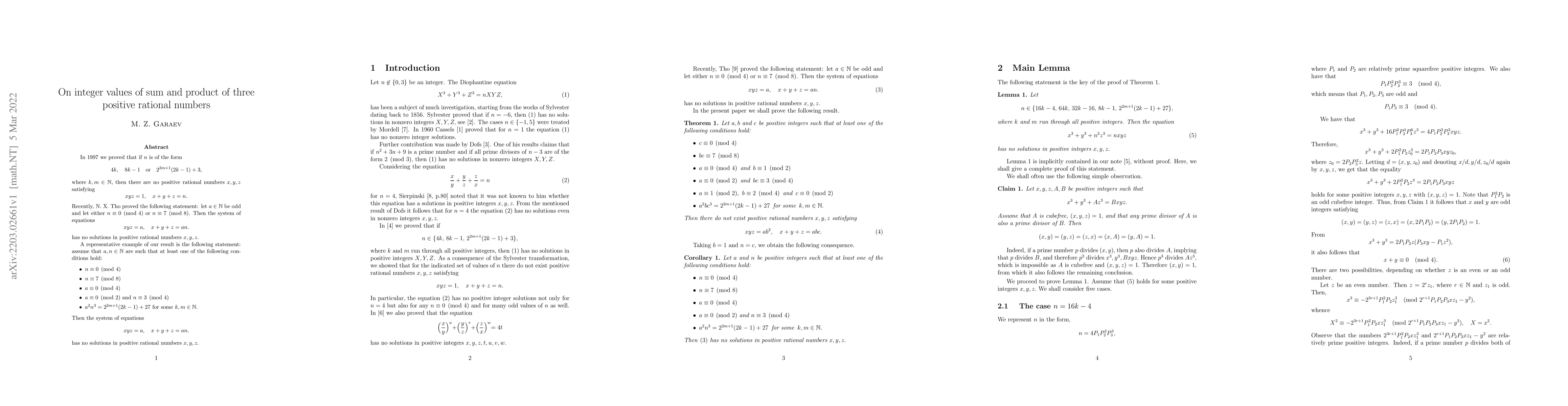 Thumbnail for On integer values of sum and product of three positive rational numbers