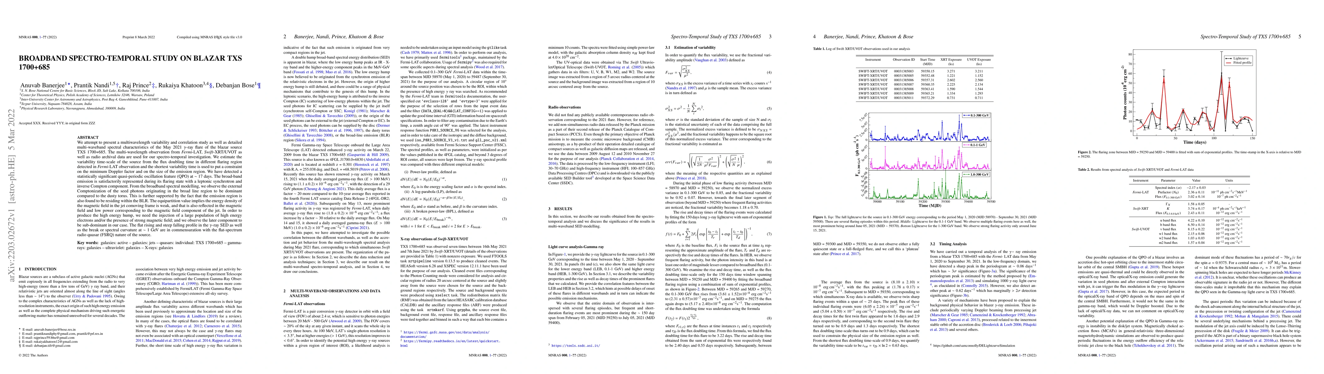 Thumbnail for Broadband Spectro-temporal Study on Blazar TXS 1700+685