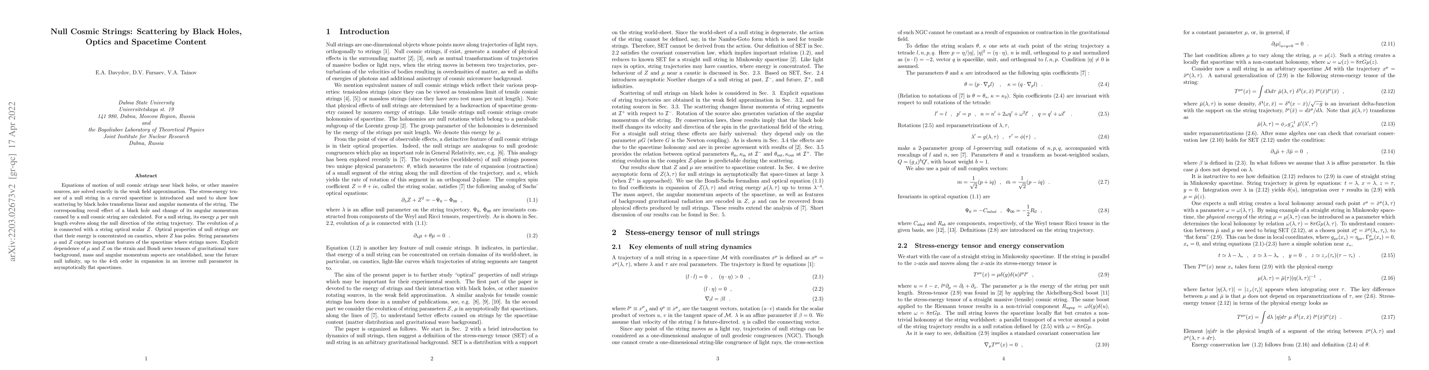 Thumbnail for Null Cosmic Strings: Scattering by Black Holes, Optics and Spacetime
  Content