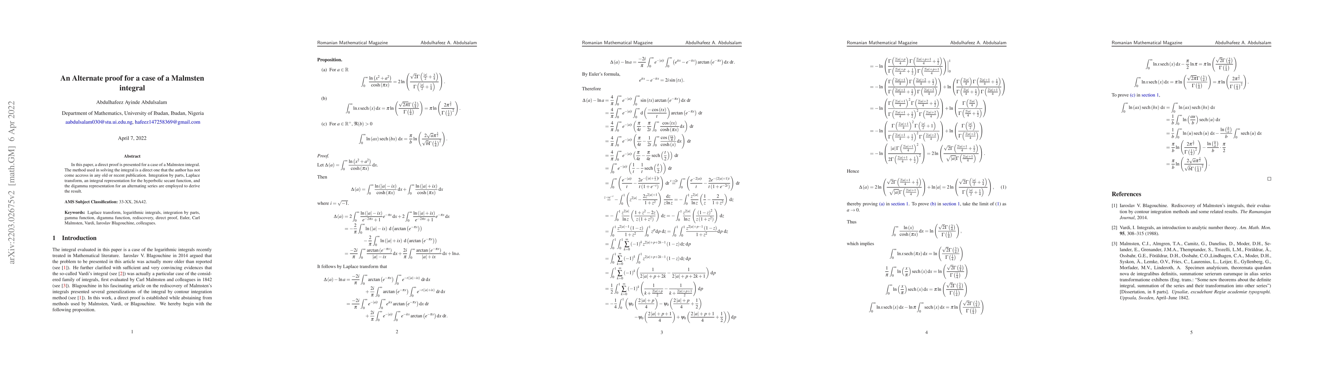 Thumbnail for An Alternate proof for a case of a Malmsten integral