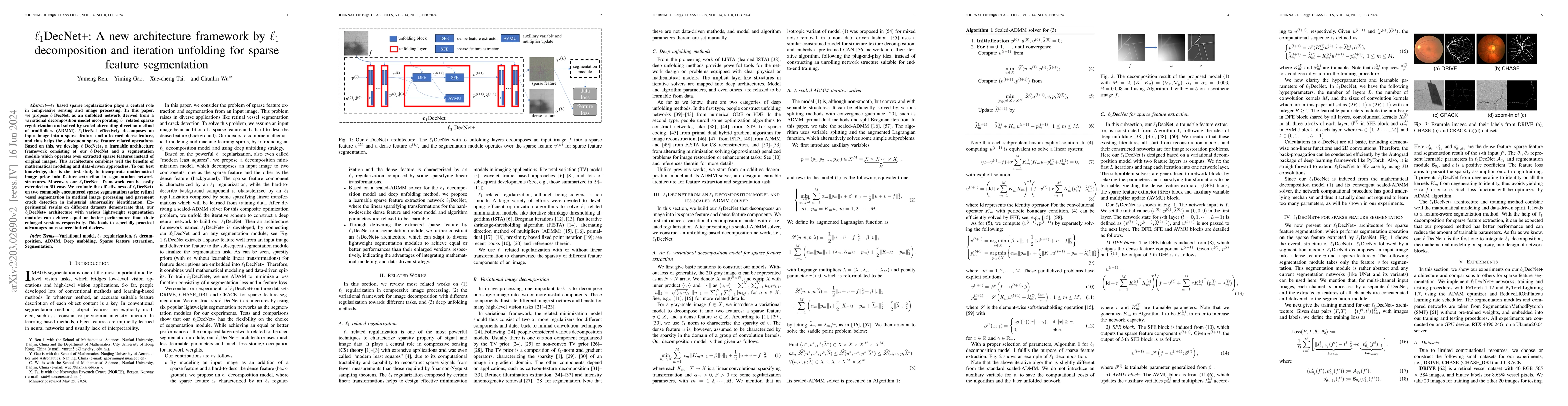 Thumbnail for $\ell_1$DecNet+: A new architecture framework by $\ell_1$ decomposition
  and iteration unfolding for sparse feature segmentation