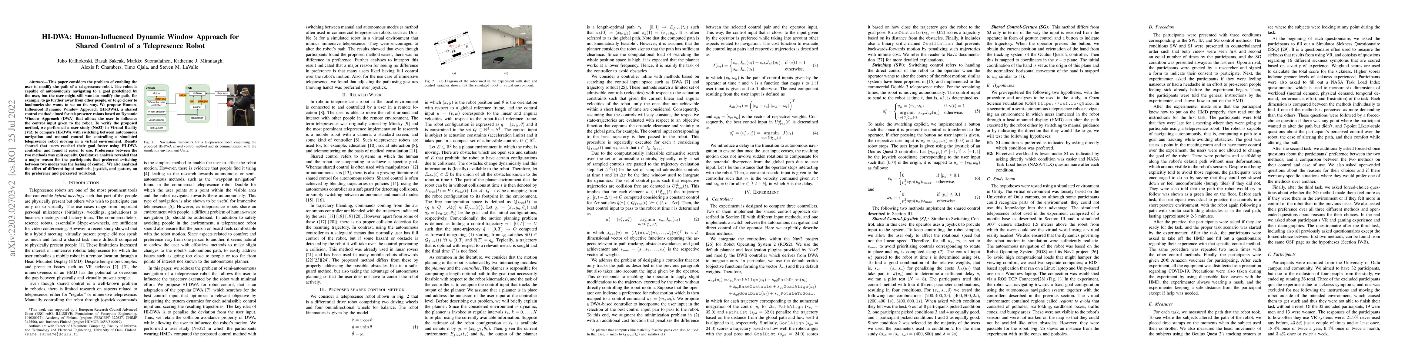 Thumbnail for HI-DWA: Human-Influenced Dynamic Window Approach for Shared Control of a
  Telepresence Robot
