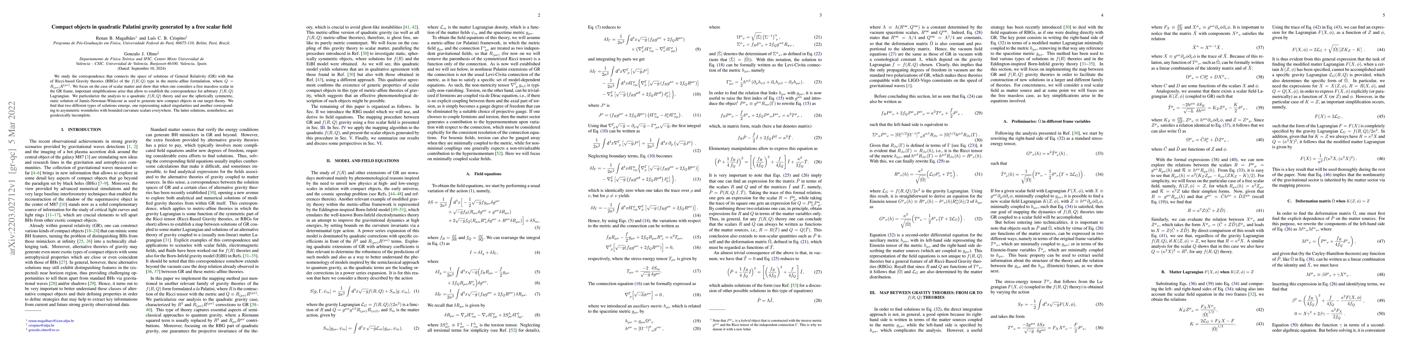 Thumbnail for Compact objects in quadratic Palatini gravity generated by a free scalar
  field