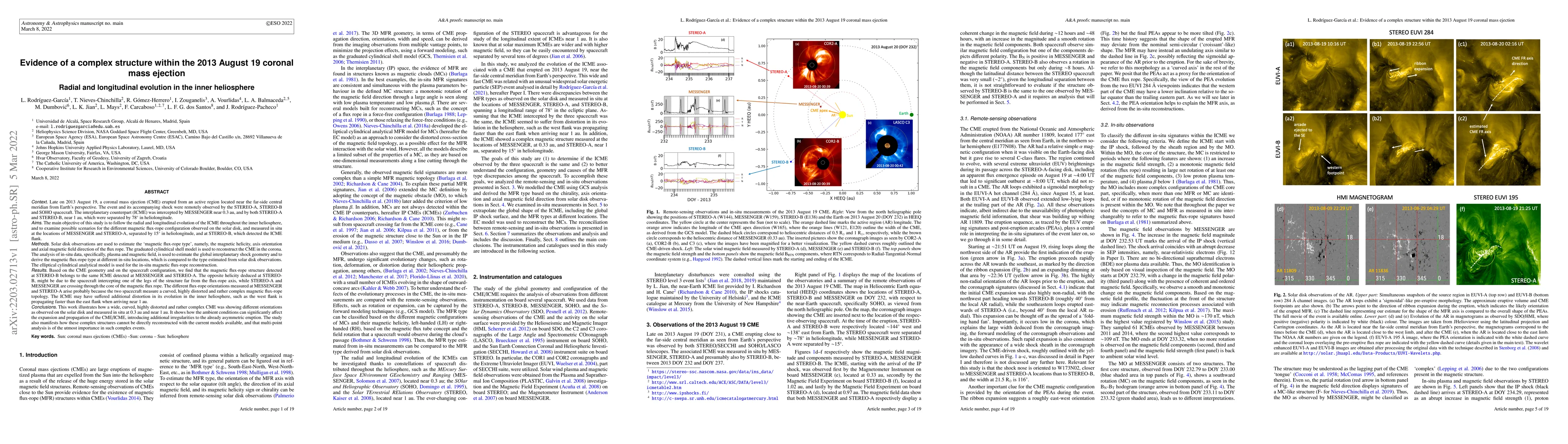 Thumbnail for Evidence of a complex structure within the 2013 August 19 coronal mass
  ejection. Radial and longitudinal evolution in the inner heliosphere