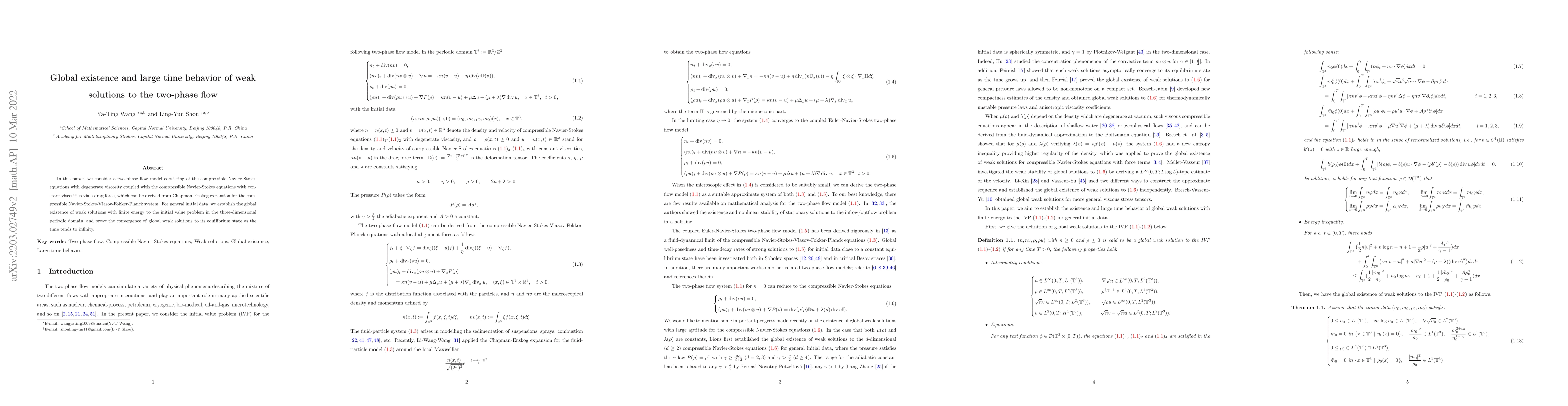 Thumbnail for Global existence and large time behavior of weak solutions to the
  two-phase flow
