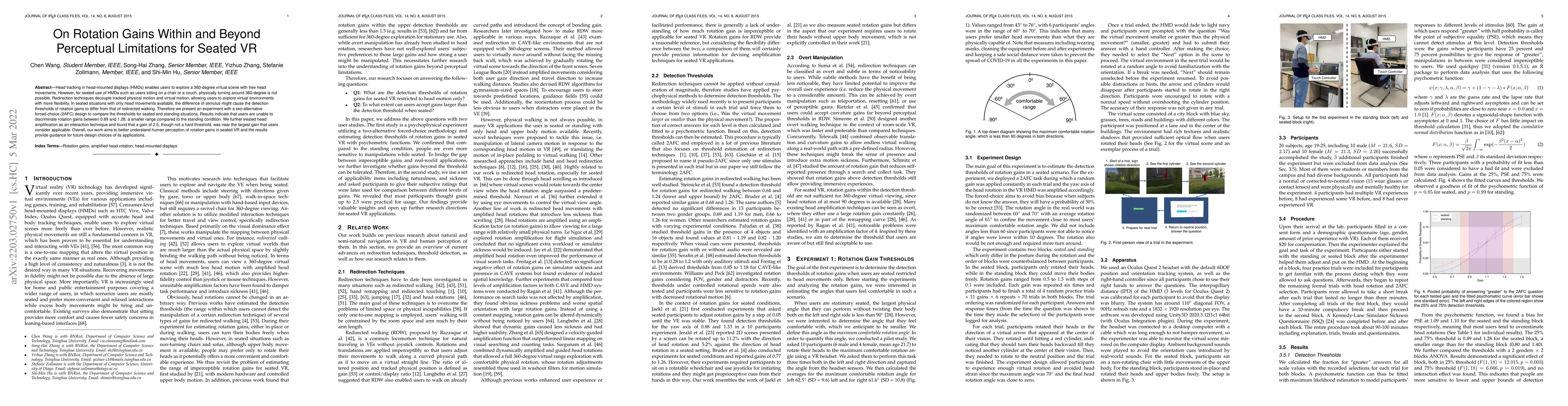 Thumbnail for On Rotation Gains Within and Beyond Perceptual Limitations for Seated VR