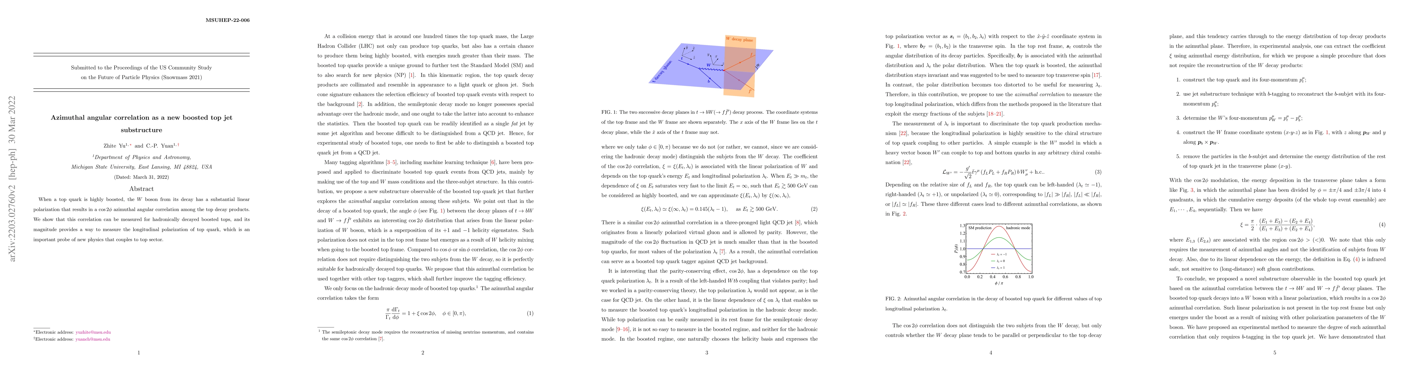 Thumbnail for Azimuthal angular correlation as a new boosted top jet substructure