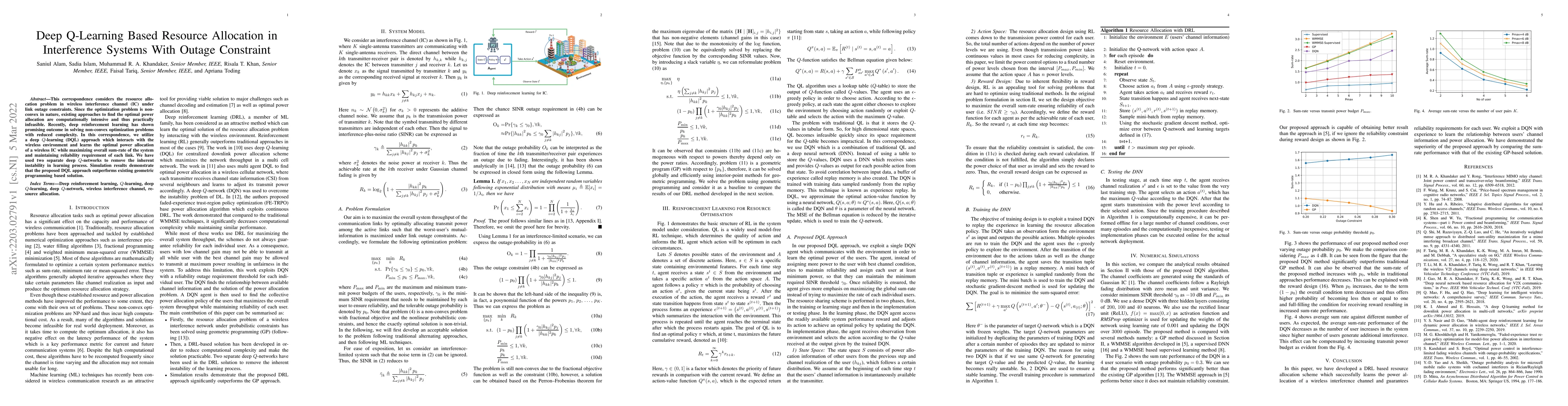Thumbnail for Deep Q-Learning Based Resource Allocation in Interference Systems With
  Outage Constraint