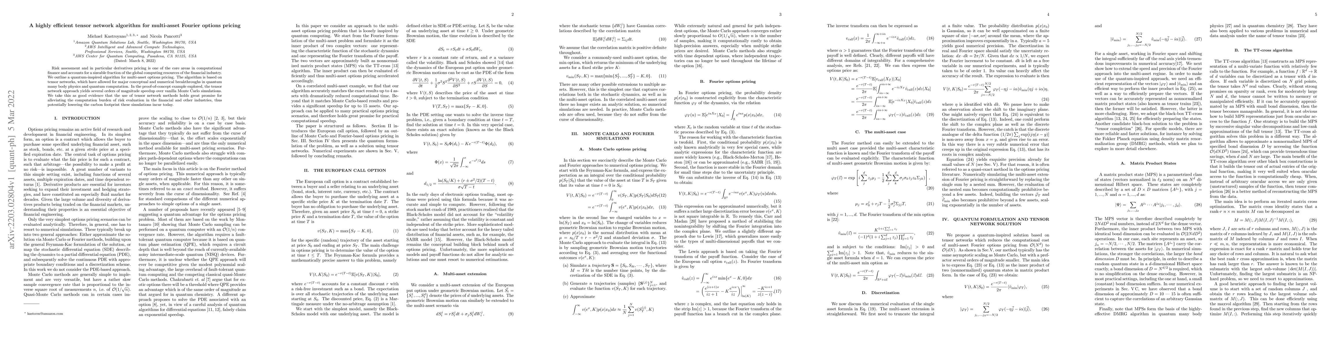 Thumbnail for A highly efficient tensor network algorithm for multi-asset Fourier
  options pricing