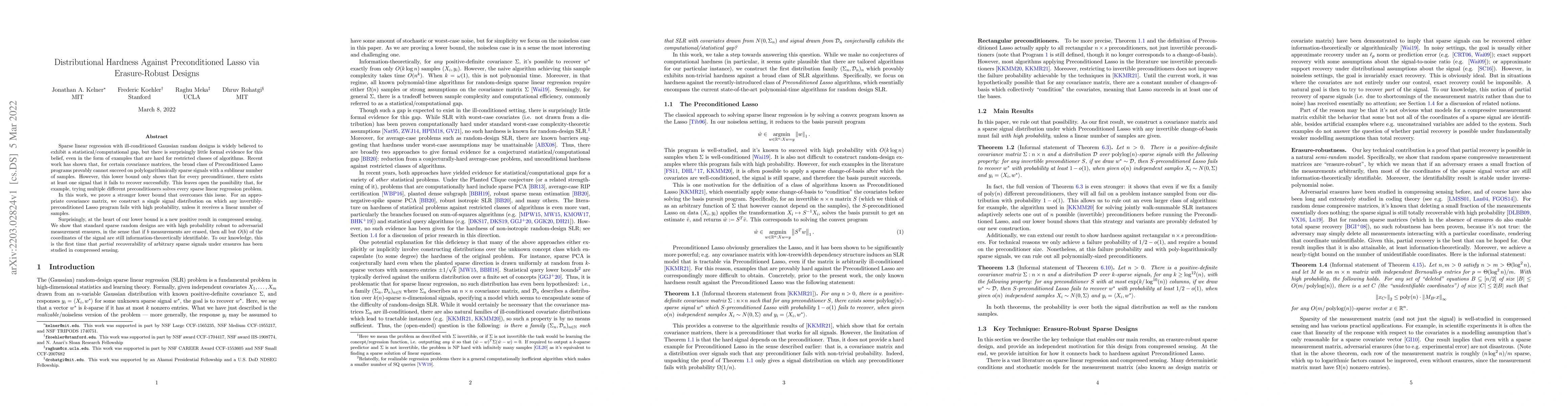 Thumbnail for Distributional Hardness Against Preconditioned Lasso via Erasure-Robust
  Designs