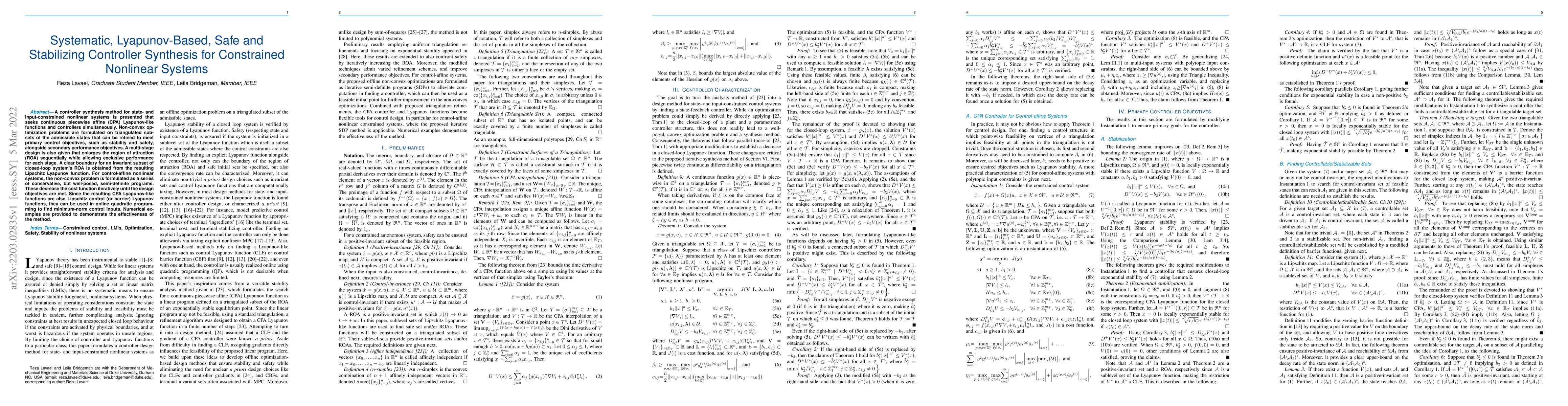 Thumbnail for Systematic, Lyapunov-Based, Safe and Stabilizing Controller Synthesis
  for Constrained Nonlinear Systems