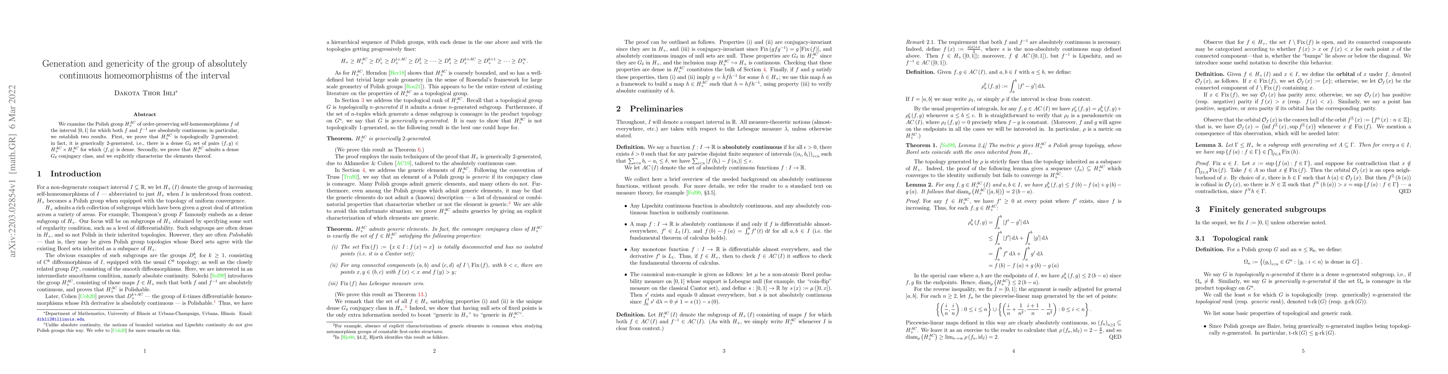 Thumbnail for Generation and genericity of the group of absolutely continuous
  homeomorphisms of the interval
