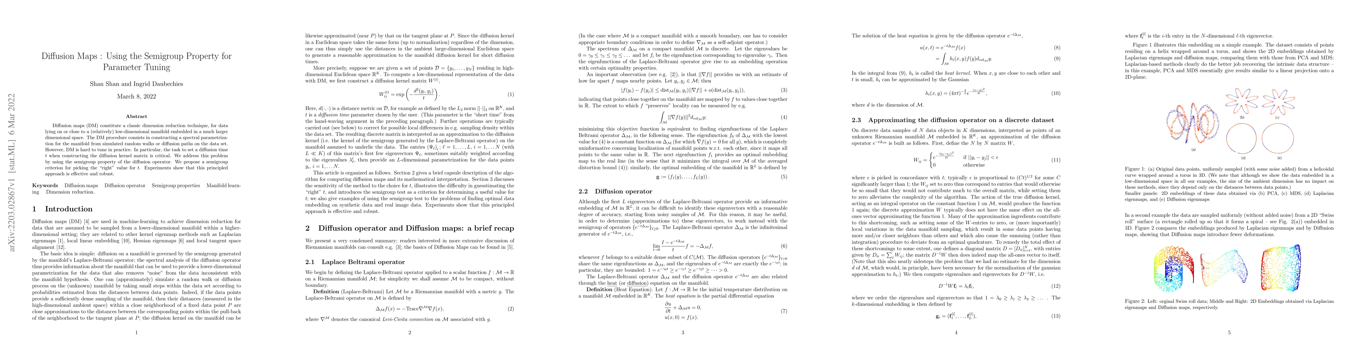 Thumbnail for Diffusion Maps : Using the Semigroup Property for Parameter Tuning