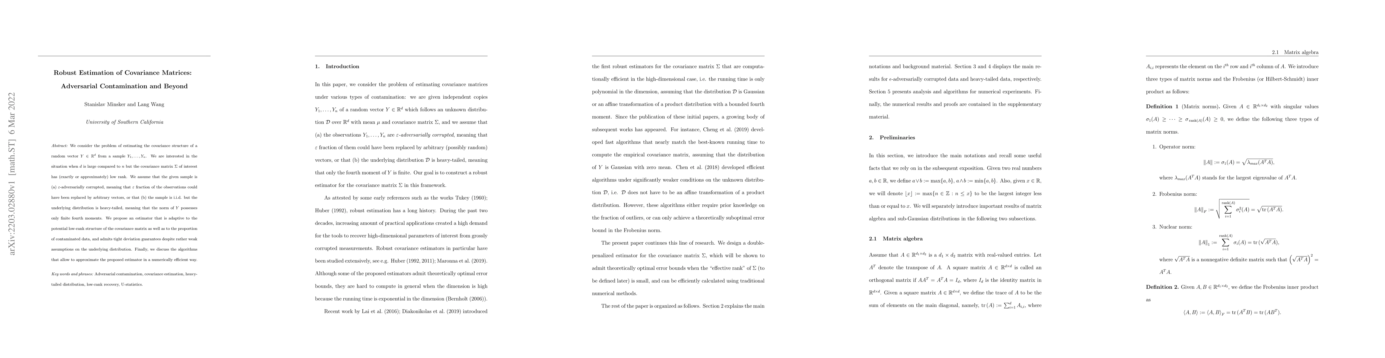 Thumbnail for Robust Estimation of Covariance Matrices: Adversarial Contamination and
  Beyond