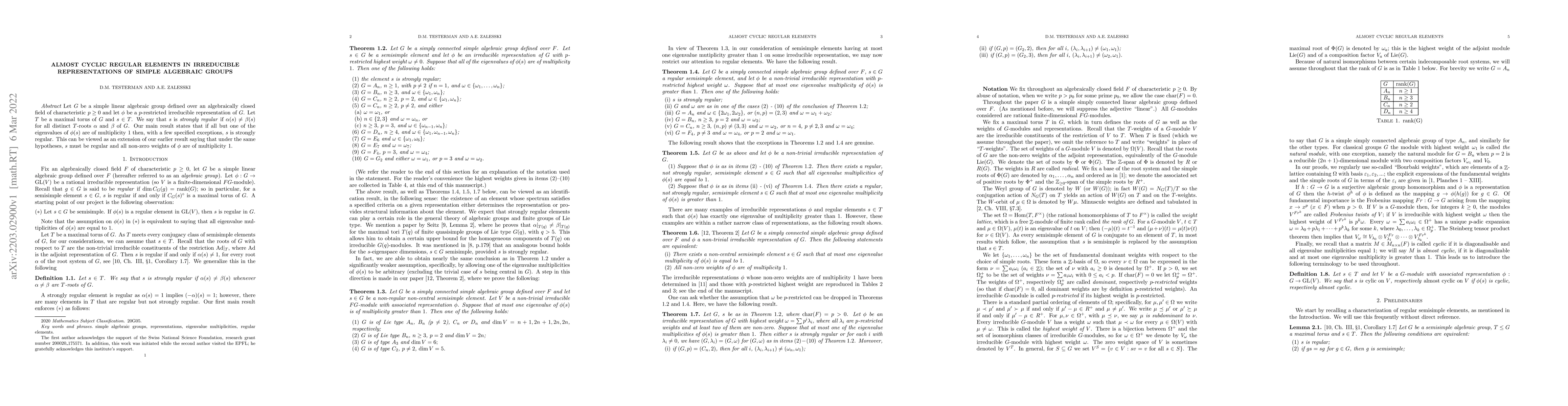 Thumbnail for Almost cyclic regular elements in irreducible representations of simple
  algebraic groups